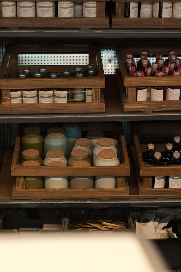 Crafting Captivating Headlines: Your awesome post title goes here Neatly arranged wooden shelves displaying various bottles and jars in a shop setting.