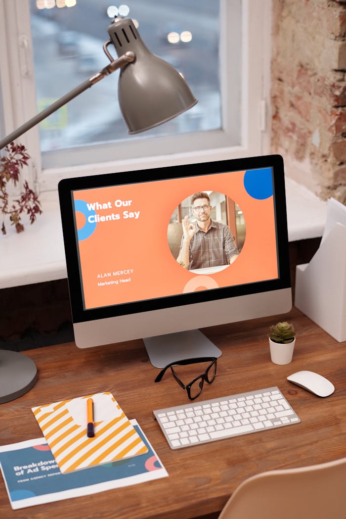 gallery-6 Stylish home office setup with computer showcasing client testimonials.