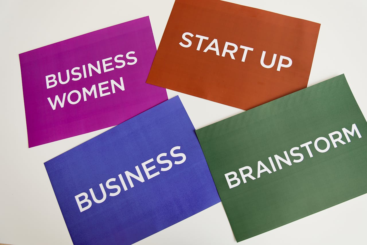 services-01 Colorful cards with business terms on a desk background.